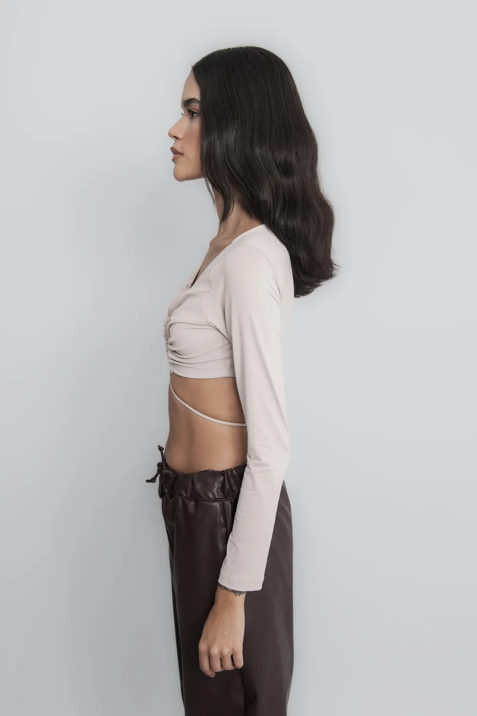 Bayan Bej Bağlamalı Crop Top