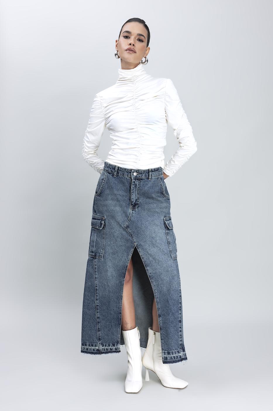 Bayan Mavi Kargo Cepli Uzun Denim Etek