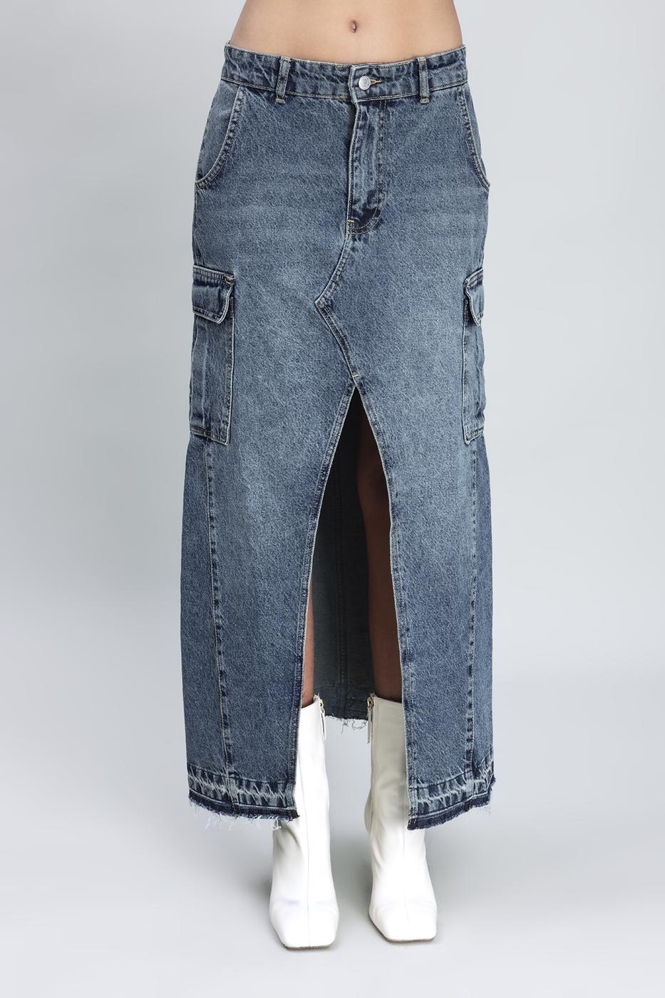 Bayan Mavi Kargo Cepli Uzun Denim Etek