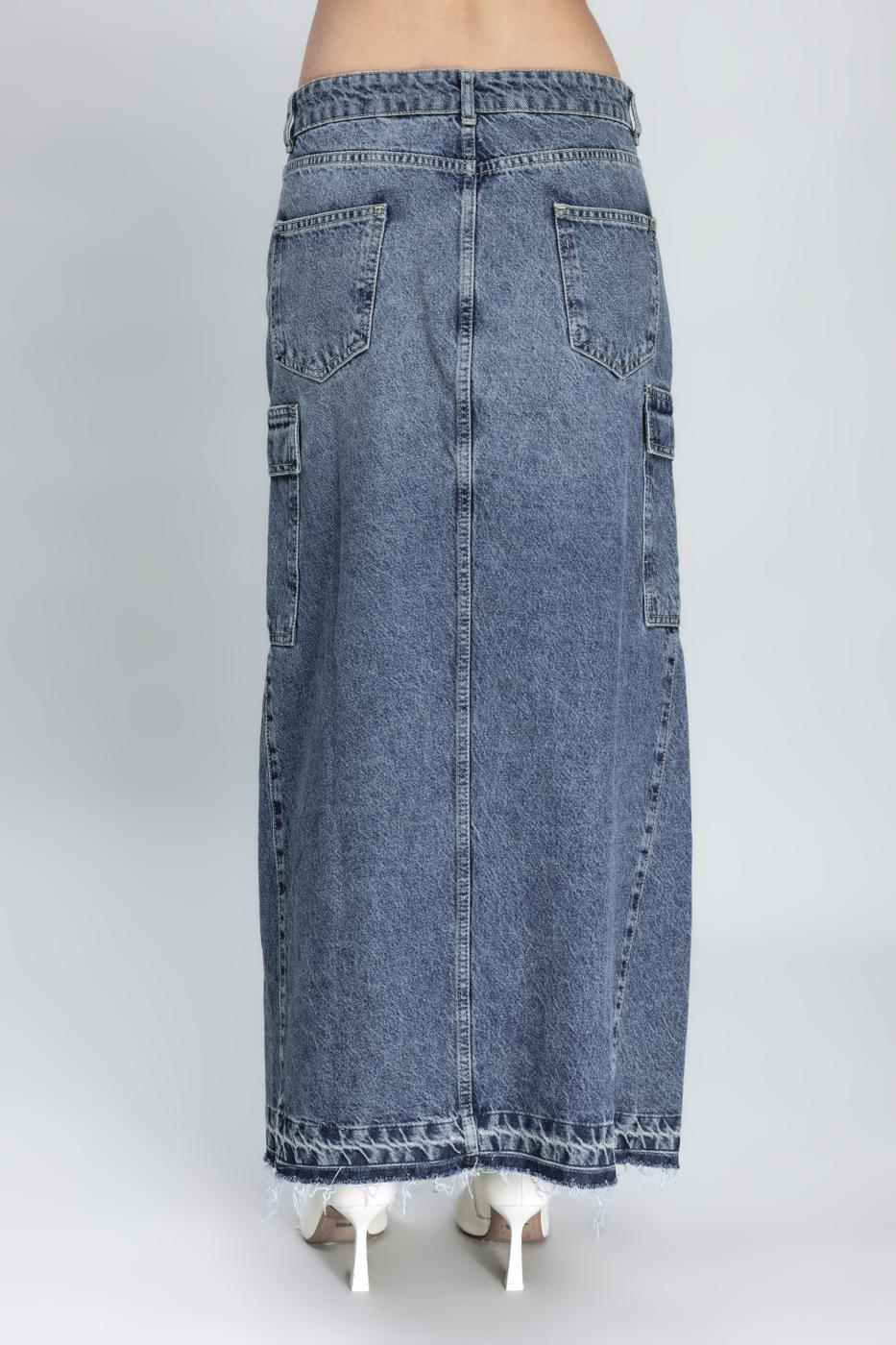 Bayan Mavi Kargo Cepli Uzun Denim Etek