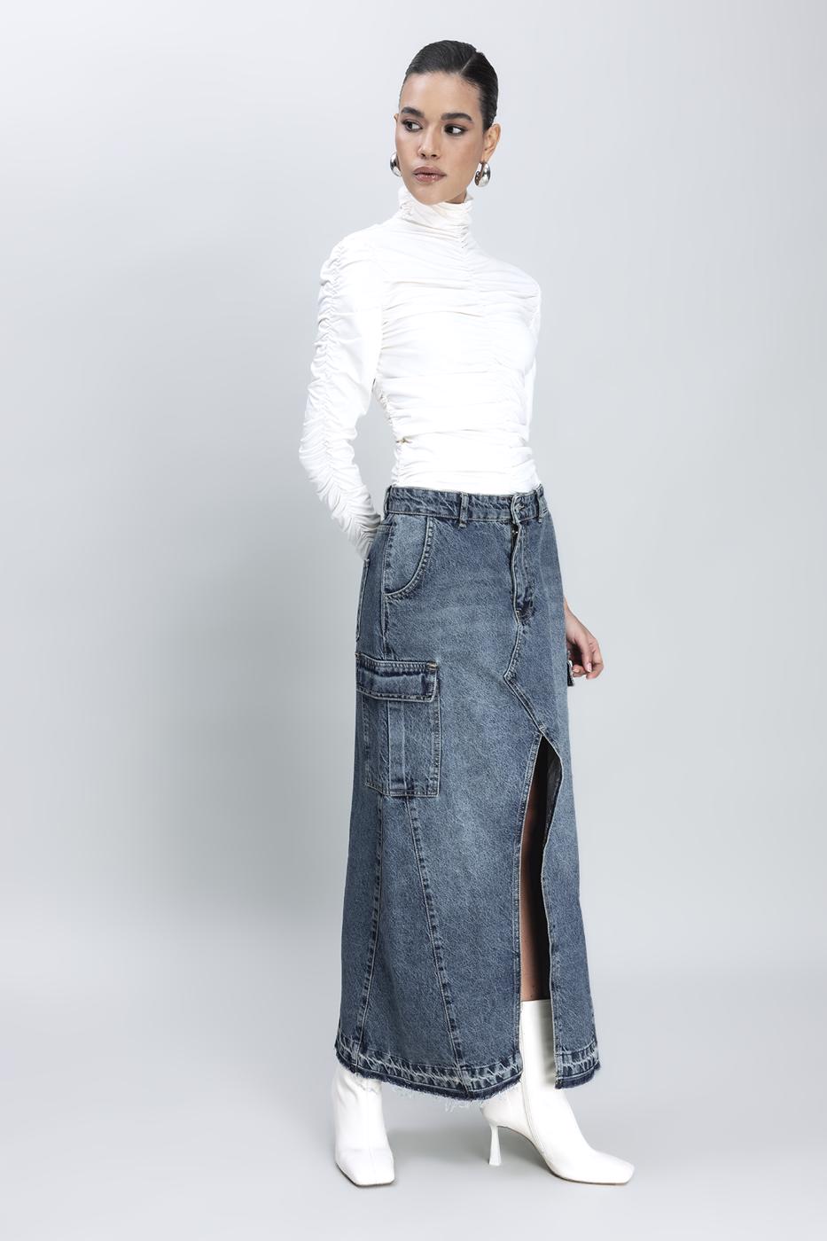 Bayan Mavi Kargo Cepli Uzun Denim Etek