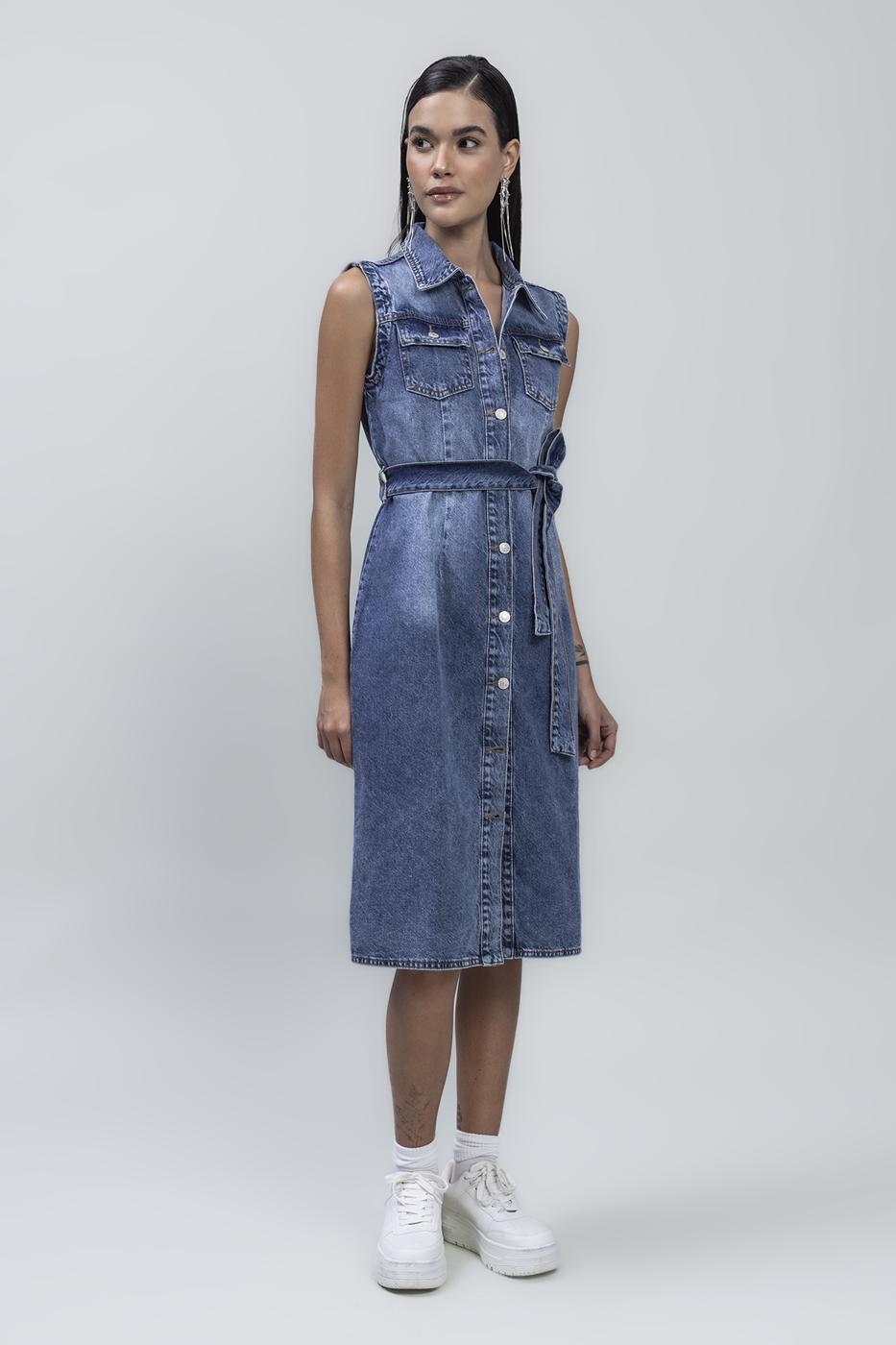 Bayan Mavi Kolsuz Denim Midi Elbise