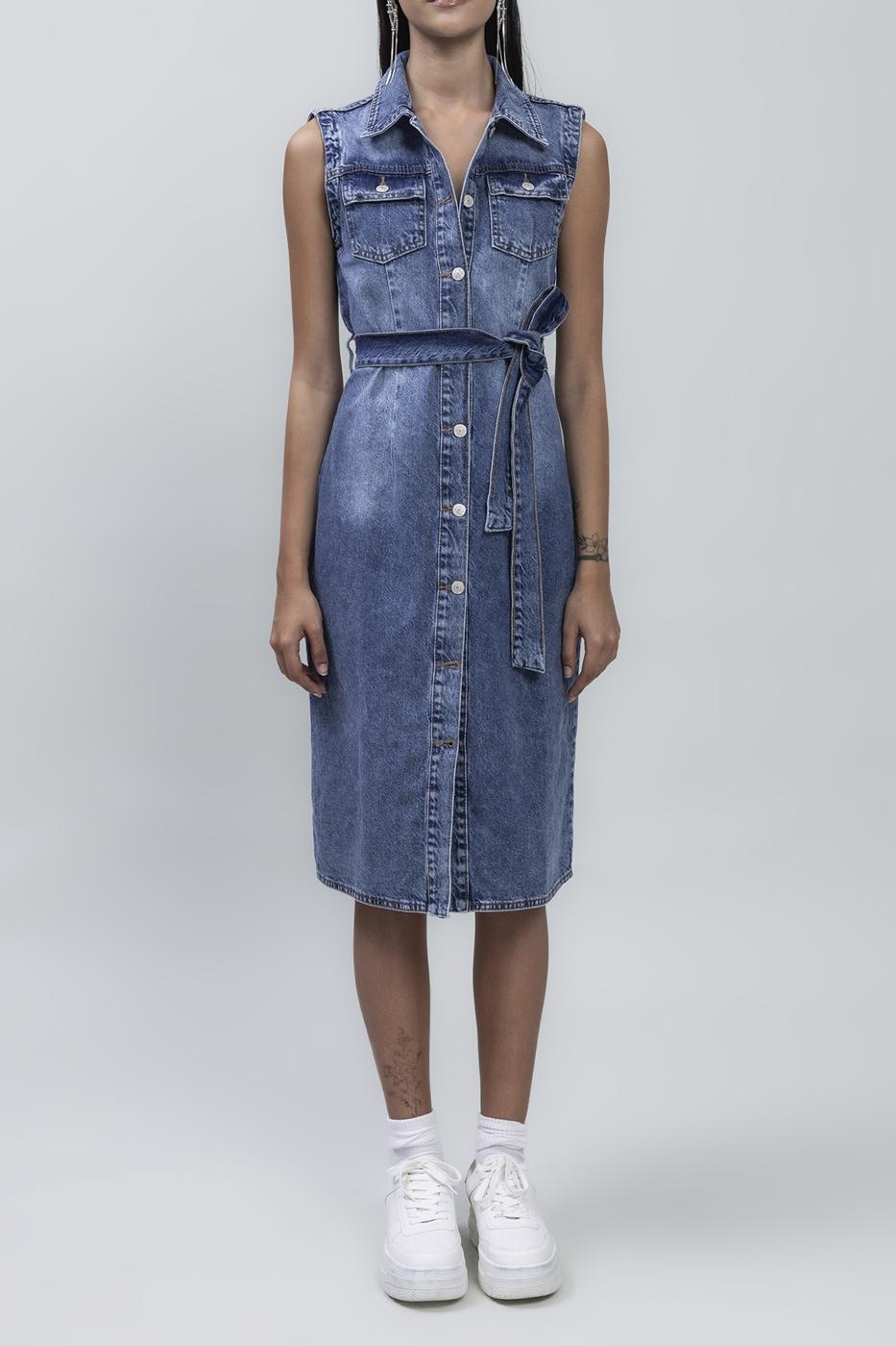Bayan Mavi Kolsuz Denim Midi Elbise