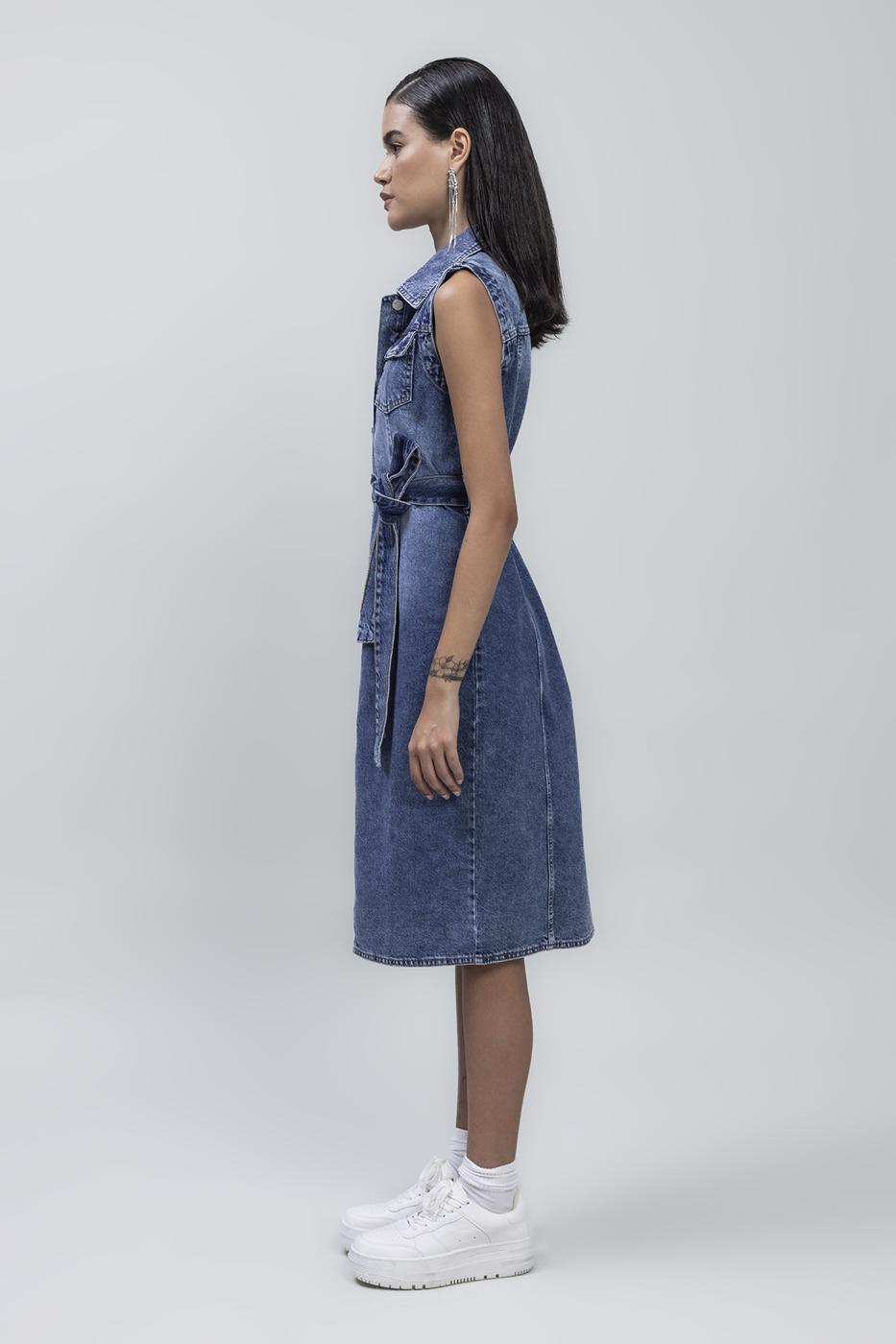 Bayan Mavi Kolsuz Denim Midi Elbise