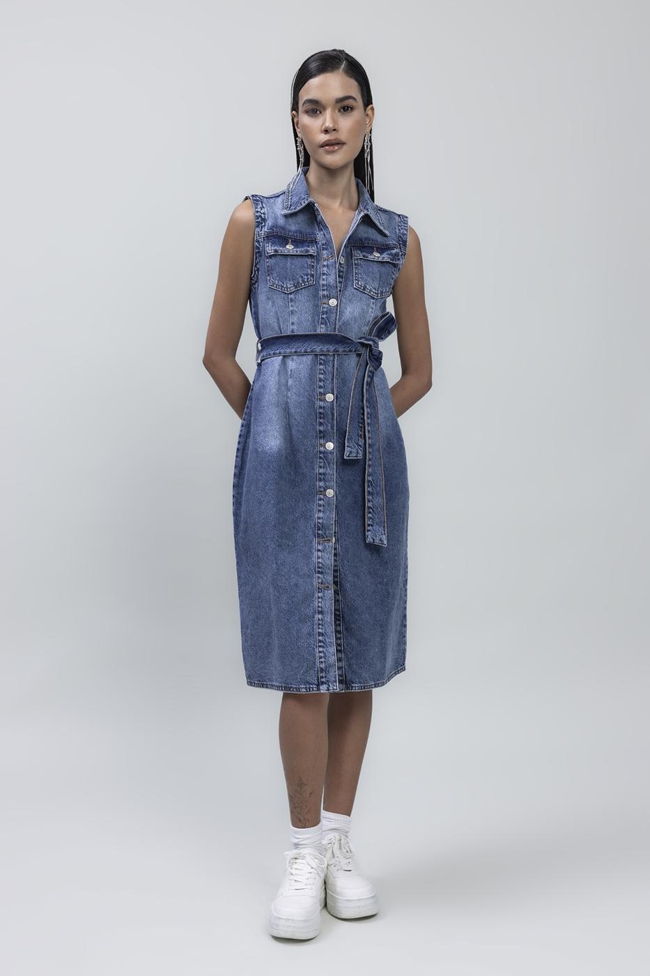Bayan Mavi Kolsuz Denim Midi Elbise
