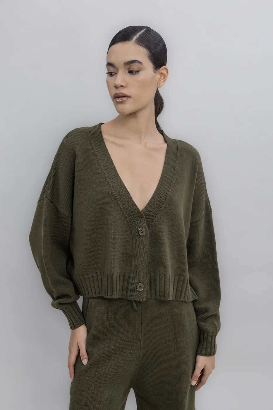 Bayan Haki Crop Triko Hırka