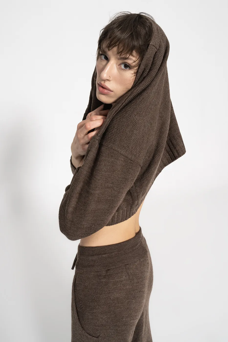 Bayan Kahverengi Crop Triko Hırka