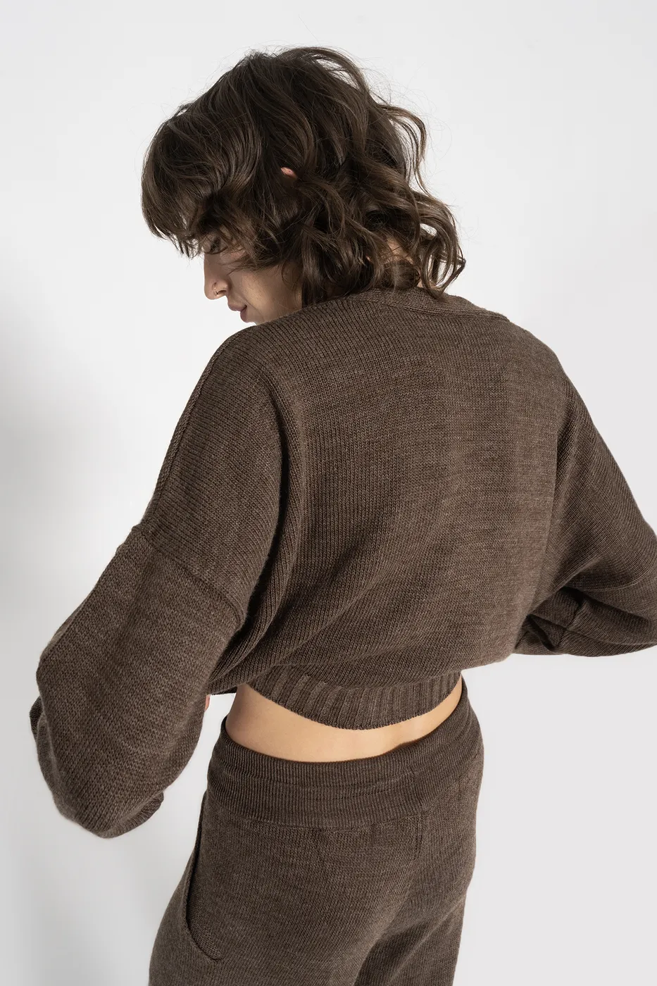 Bayan Kahverengi Crop Triko Hırka