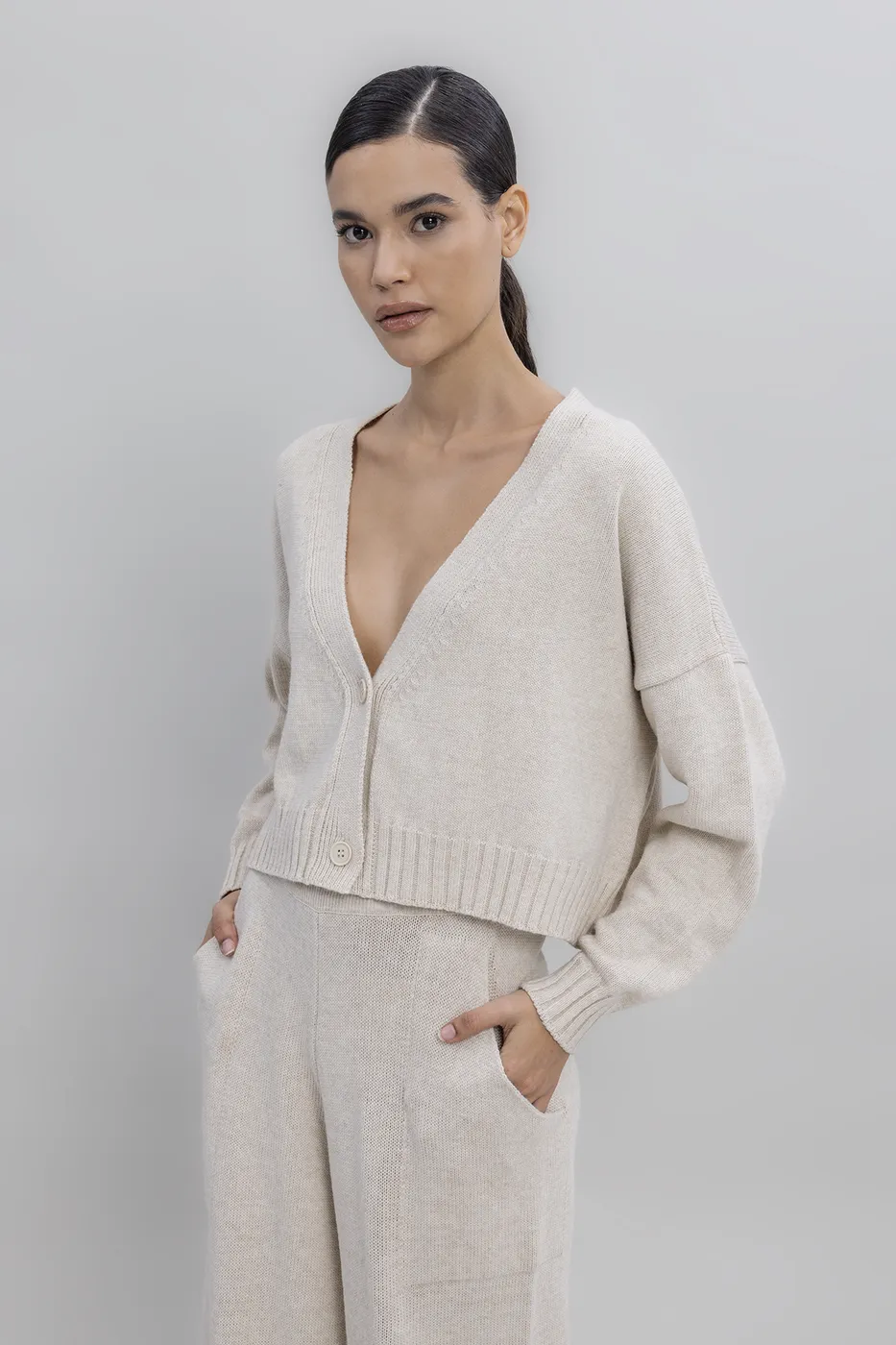 Bayan Krem Crop Triko Hırka