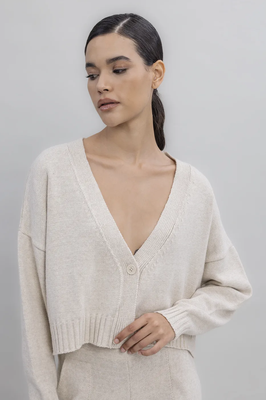 Bayan Krem Crop Triko Hırka