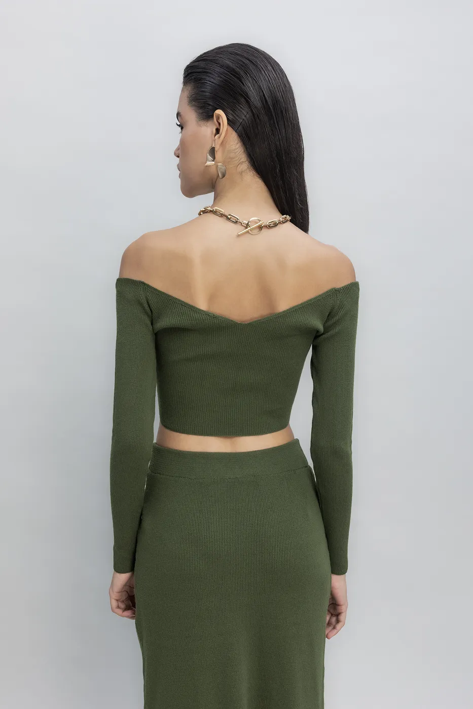 Bayan Haki Triko Carmen Yaka Crop Top