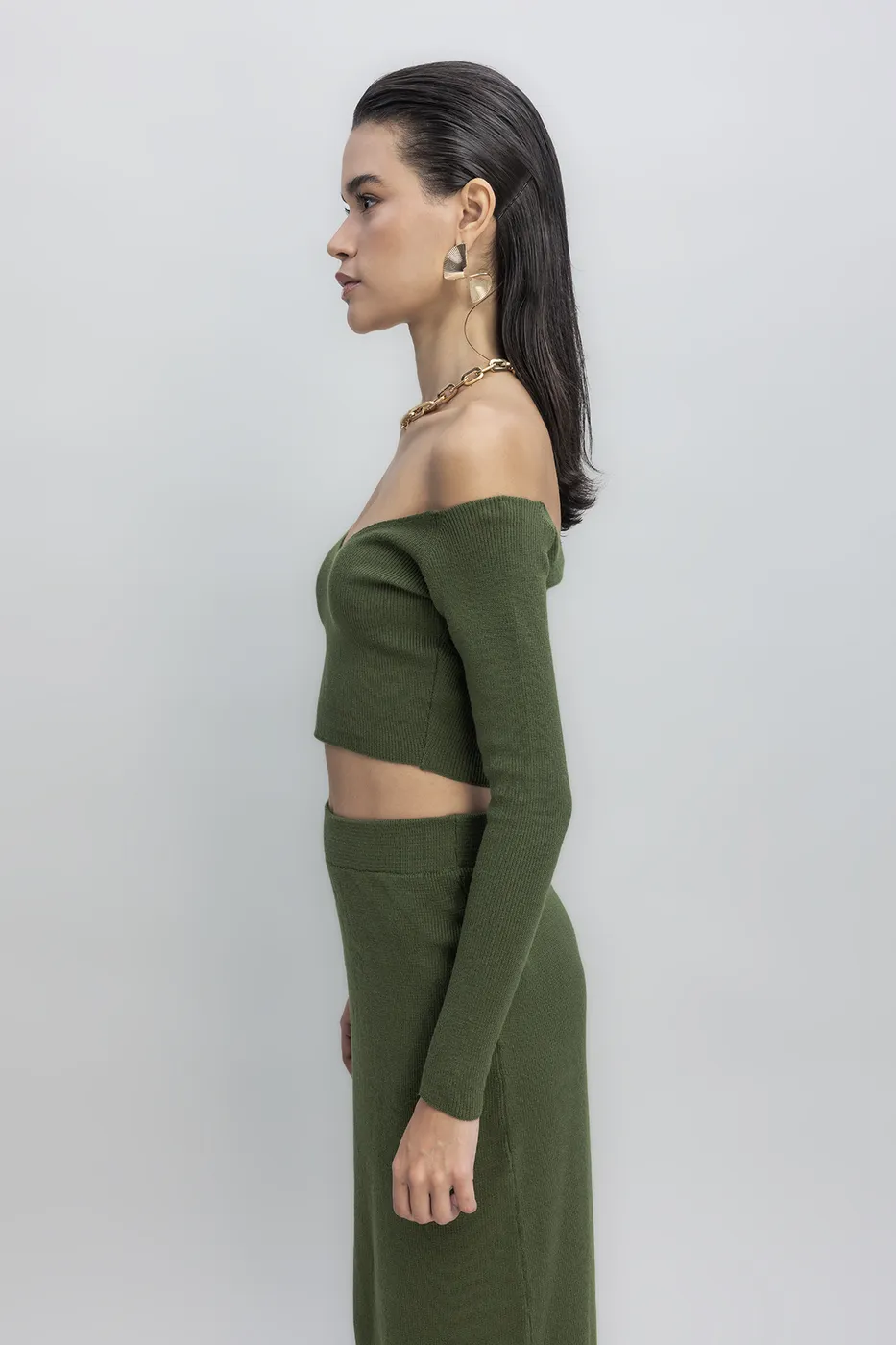 Bayan Haki Triko Carmen Yaka Crop Top