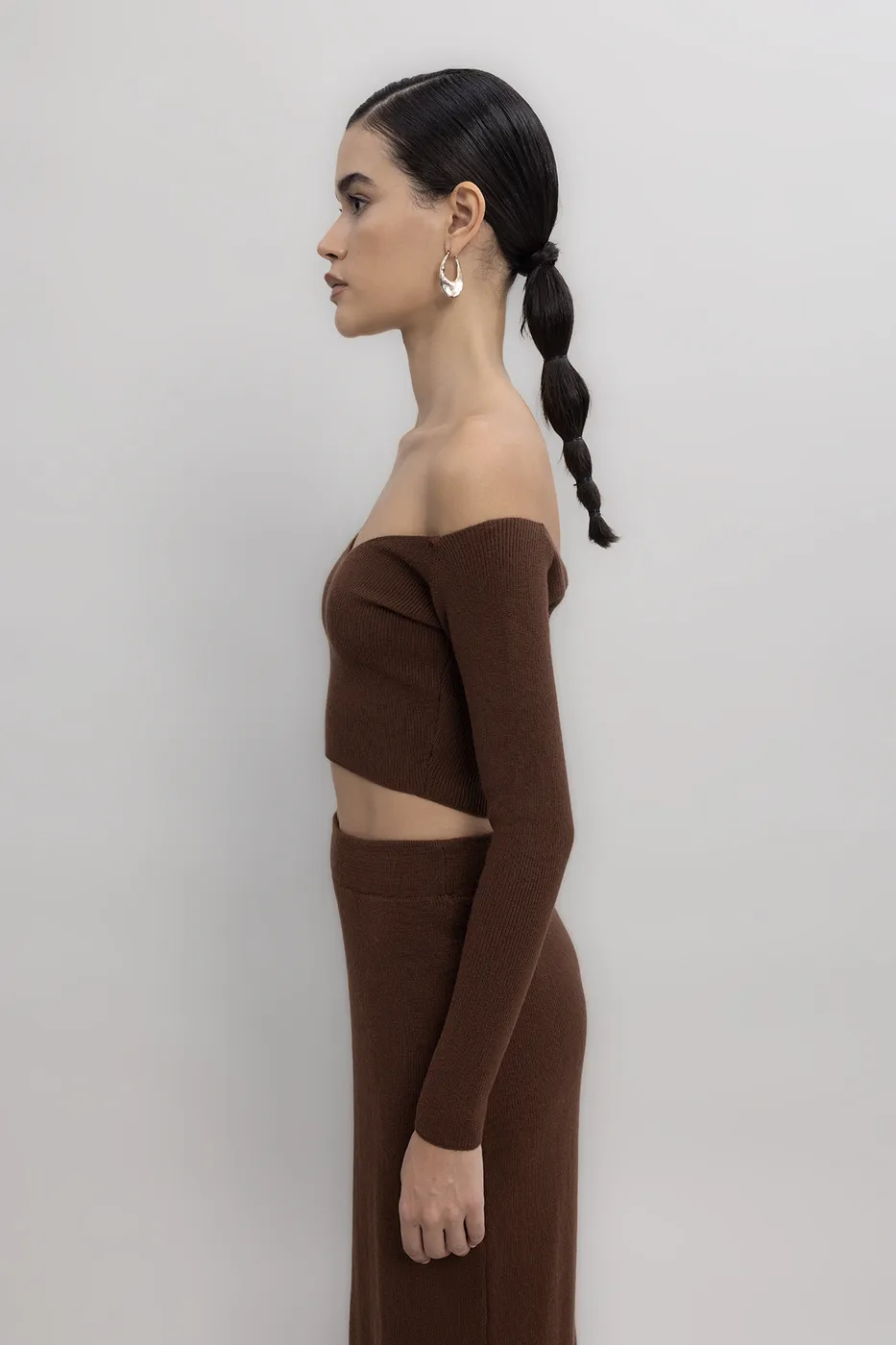 Bayan Kahverengi Triko Carmen Yaka Crop Top
