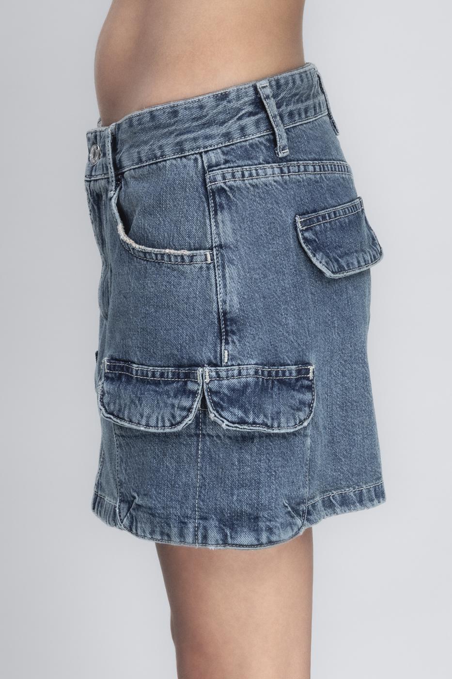 Bayan Mavi Denim Mini Kargo Etek