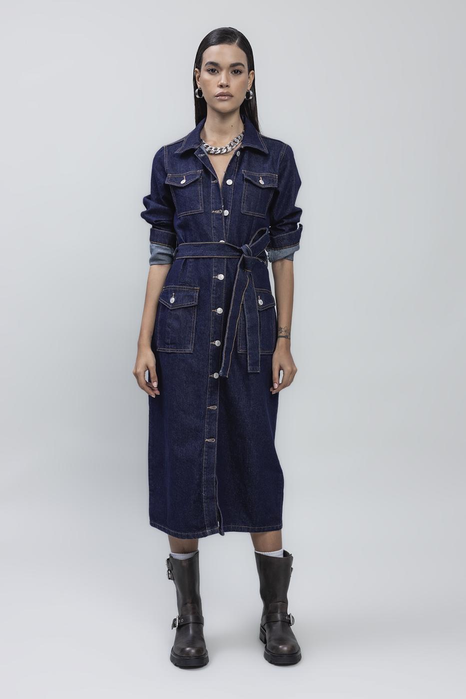 Bayan Lacivert Cepli Denim Midi Elbise