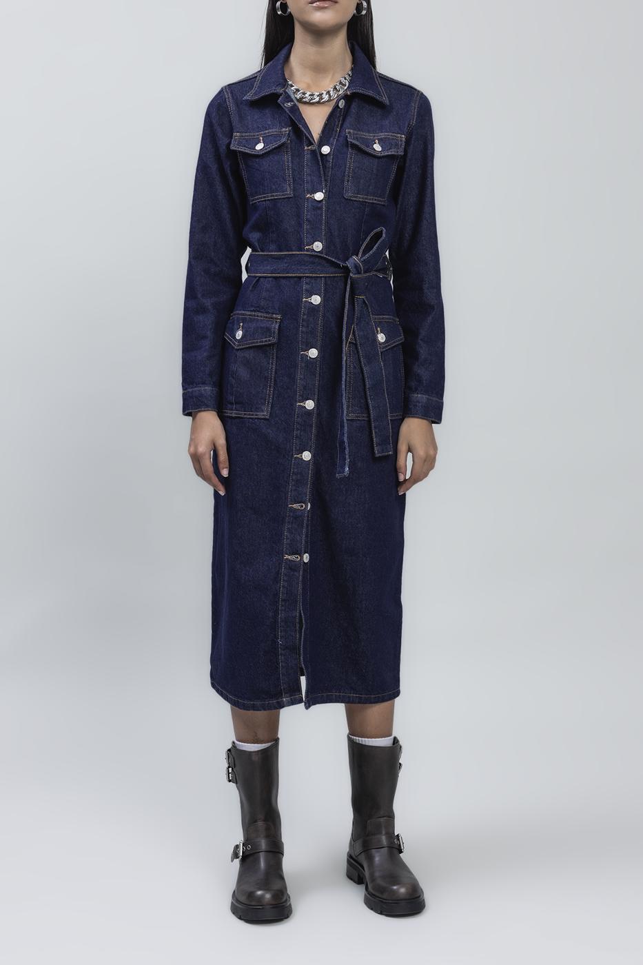 Bayan Lacivert Cepli Denim Midi Elbise