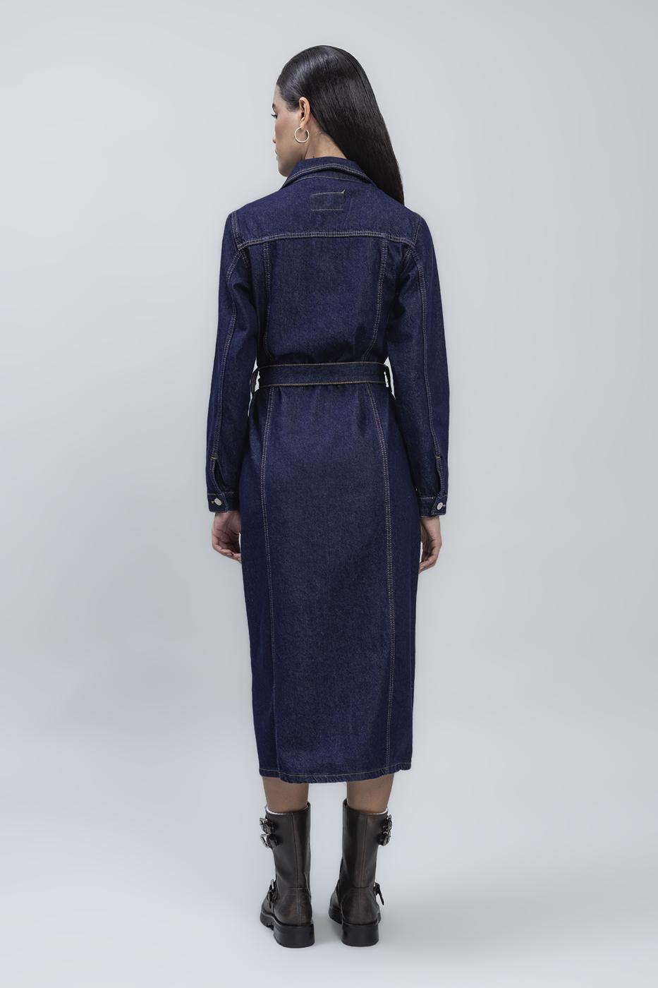 Bayan Lacivert Cepli Denim Midi Elbise