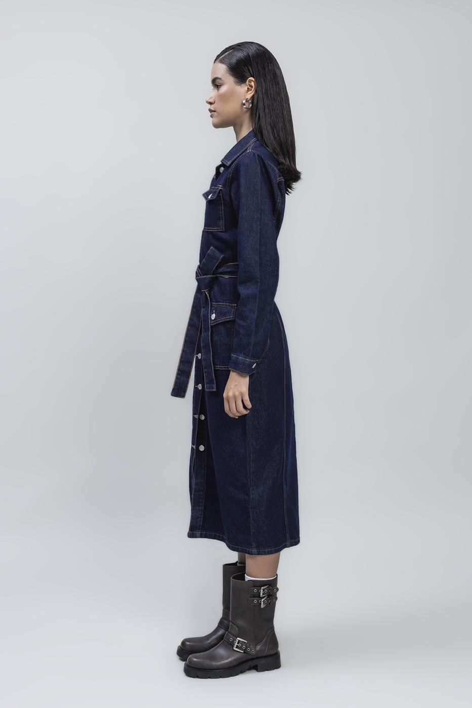 Bayan Lacivert Cepli Denim Midi Elbise