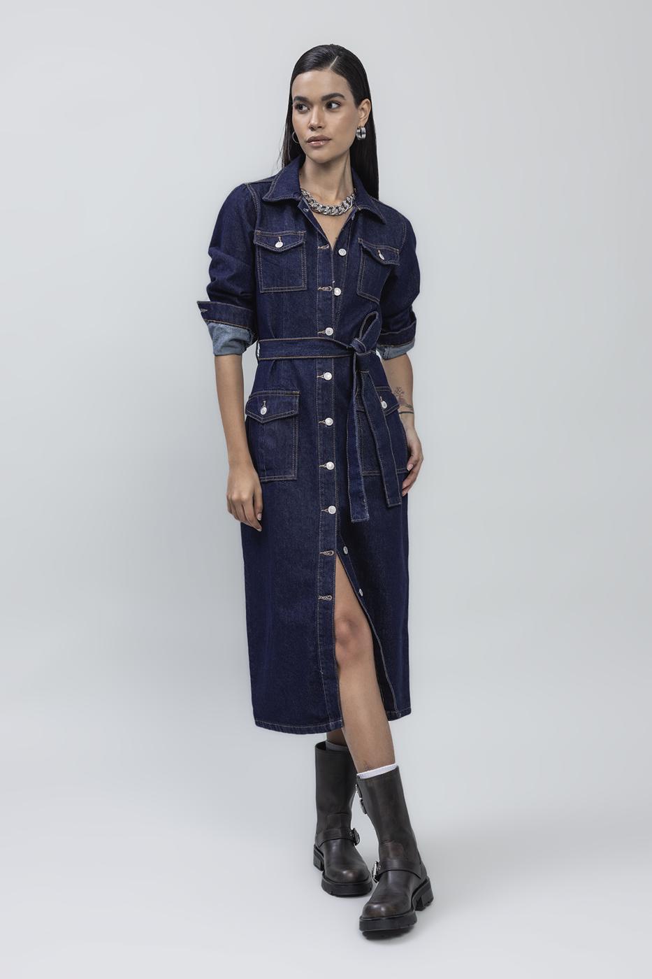 Bayan Lacivert Cepli Denim Midi Elbise