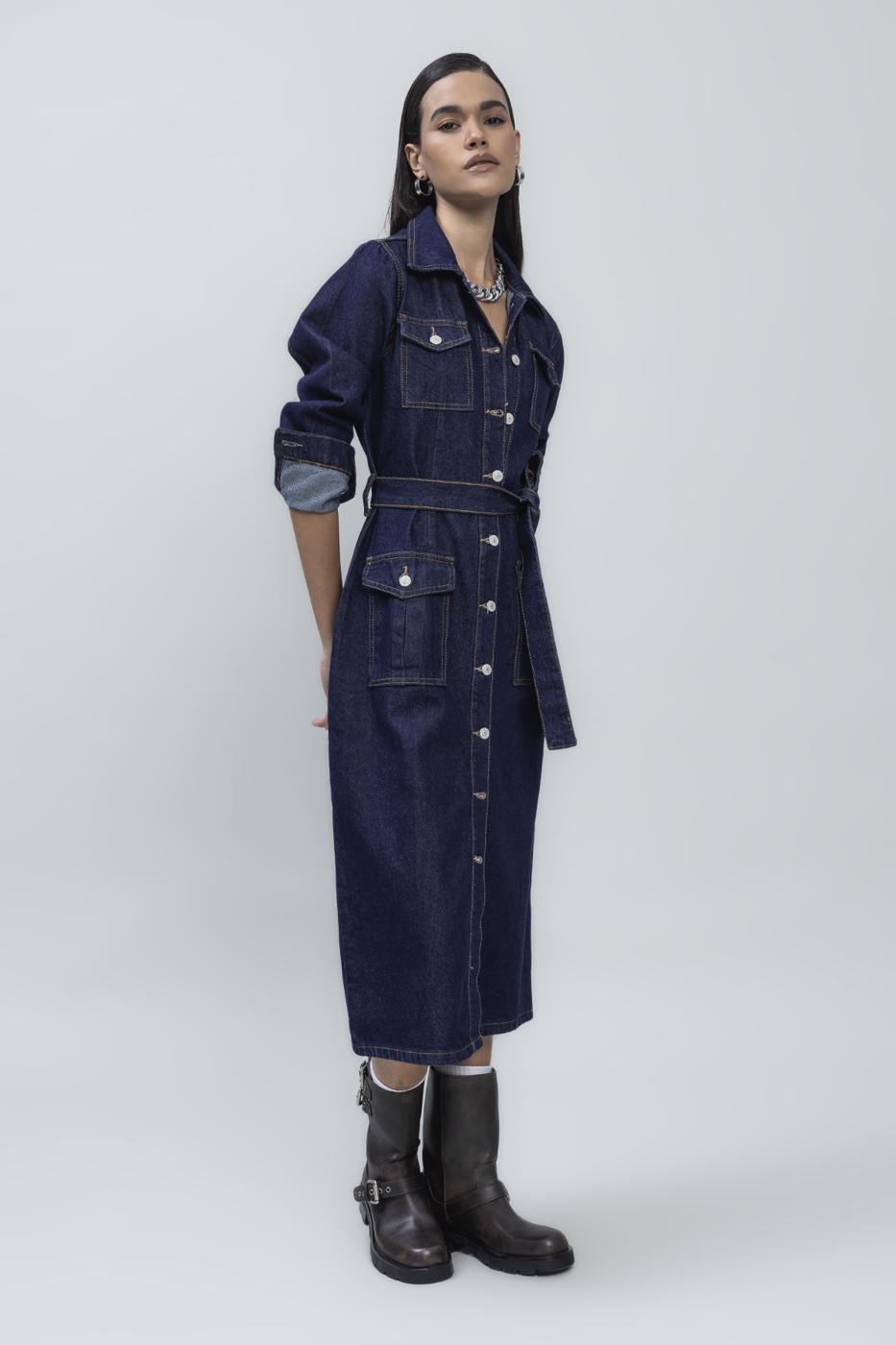 Bayan Lacivert Cepli Denim Midi Elbise