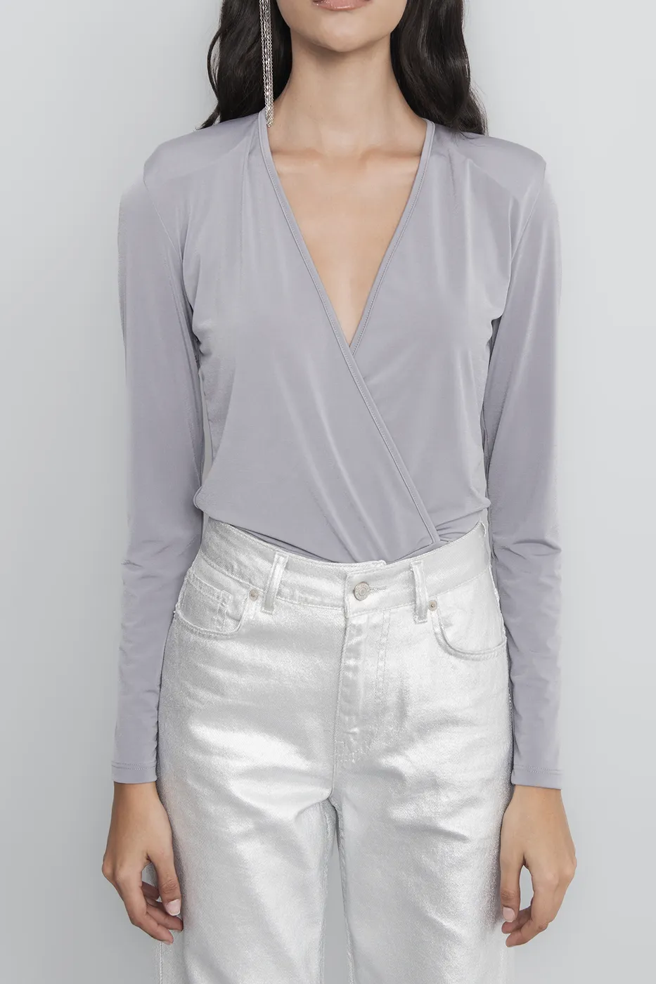 Bayan Gri Kruvaze Bodysuit