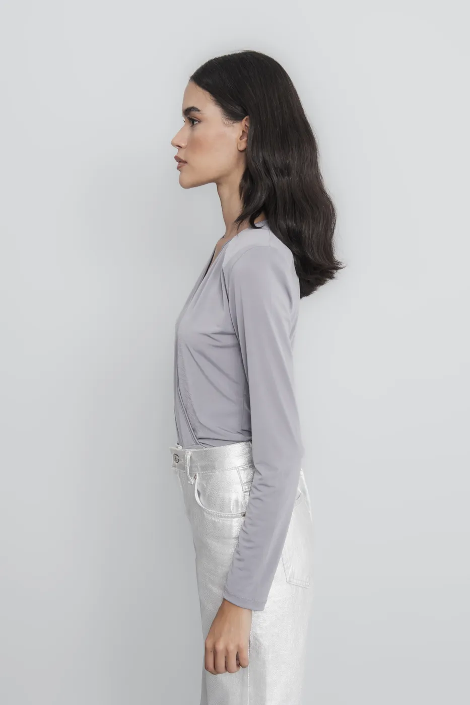 Bayan Gri Kruvaze Bodysuit