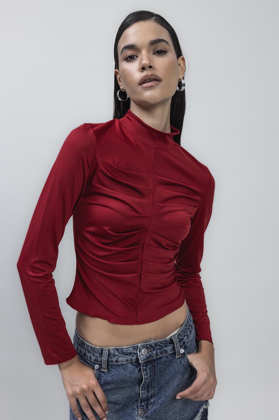 Bayan Bordo Dik Yaka Drape Detaylı Top
