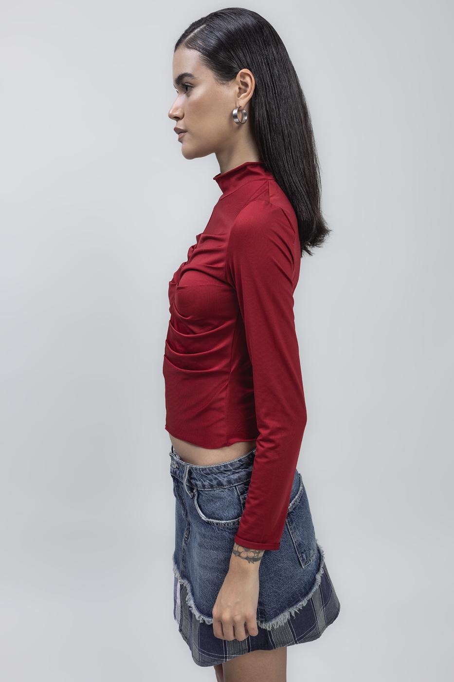 Bayan Bordo Dik Yaka Drape Detaylı Top