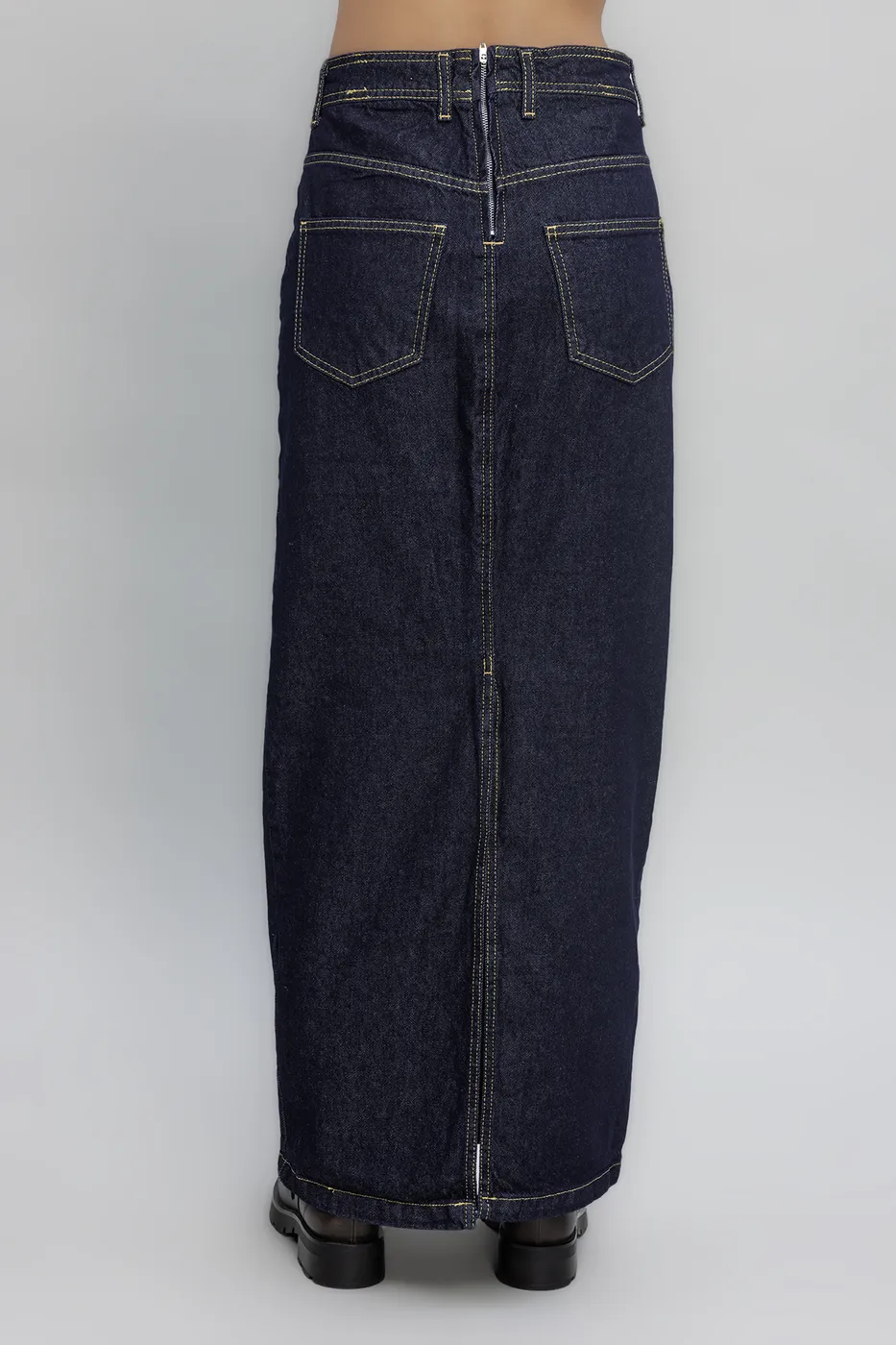 Bayan Lacivert Kontrast Dikiş Detaylı Maksi Denim Etek