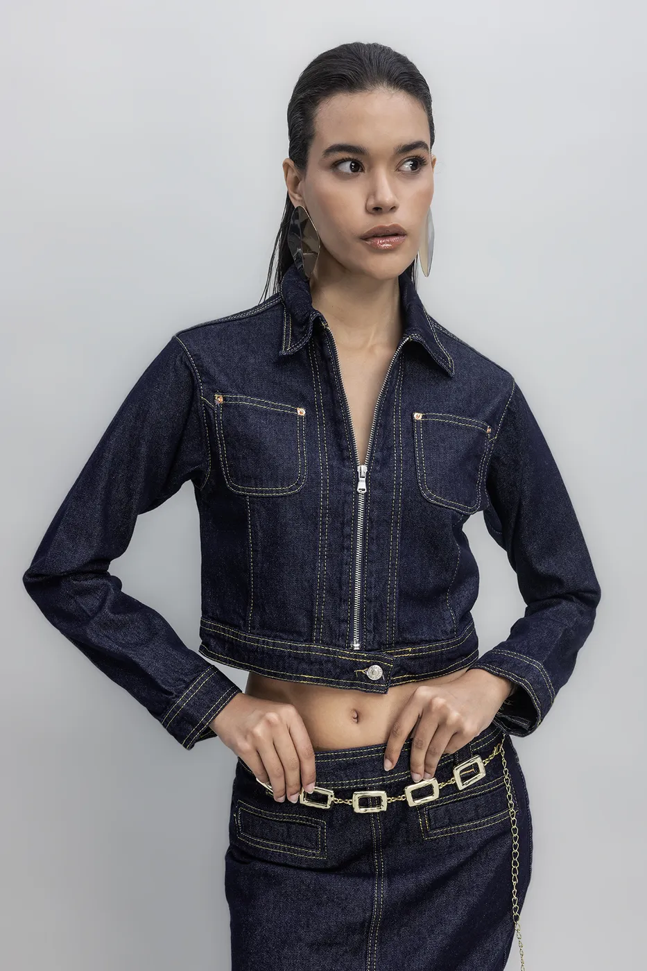 Bayan Lacivert Kontrast Dikiş Detaylı Crop Denim Mont