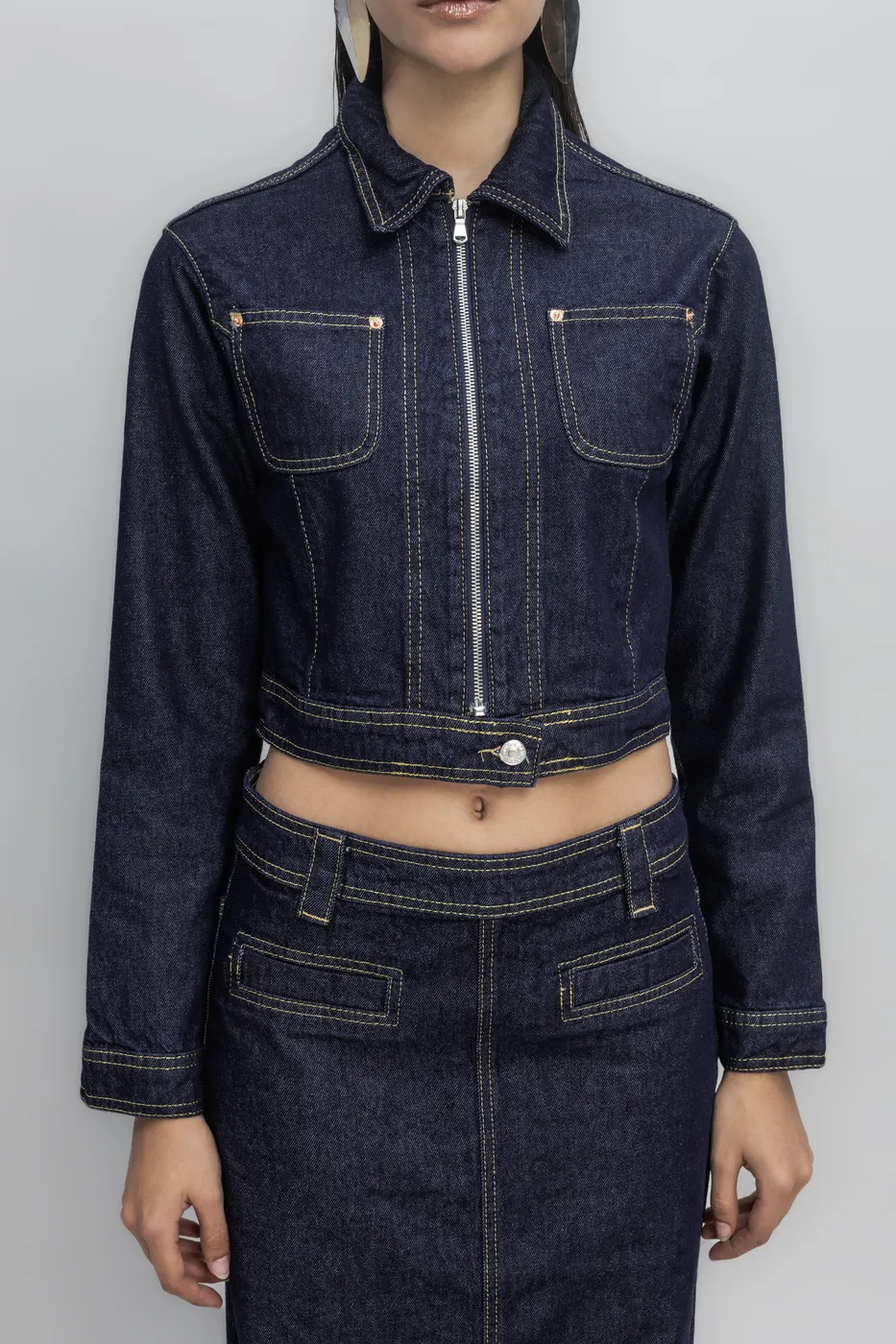 Bayan Lacivert Kontrast Dikiş Detaylı Crop Denim Mont