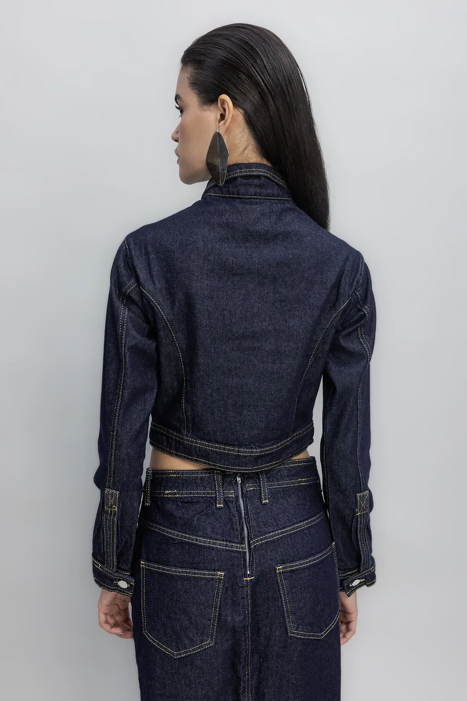 Bayan Lacivert Kontrast Dikiş Detaylı Crop Denim Mont