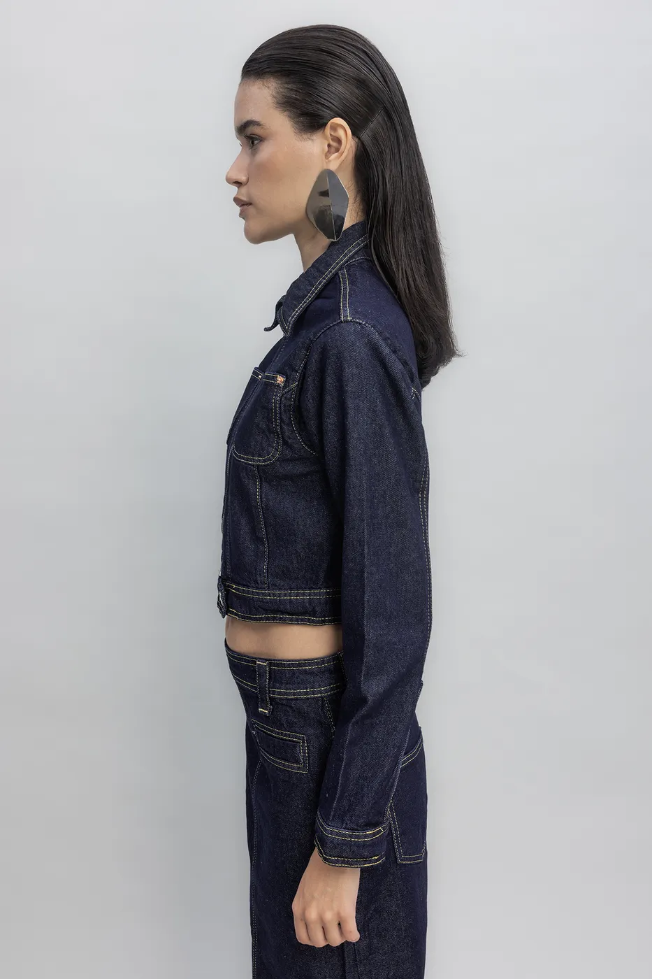 Bayan Lacivert Kontrast Dikiş Detaylı Crop Denim Mont