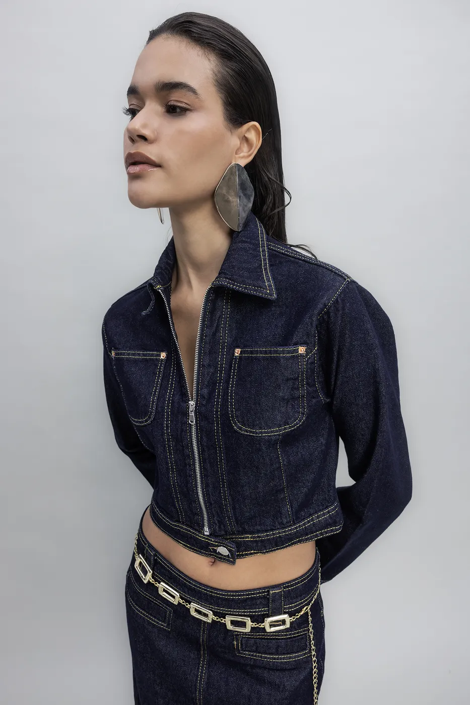 Bayan Lacivert Kontrast Dikiş Detaylı Crop Denim Mont