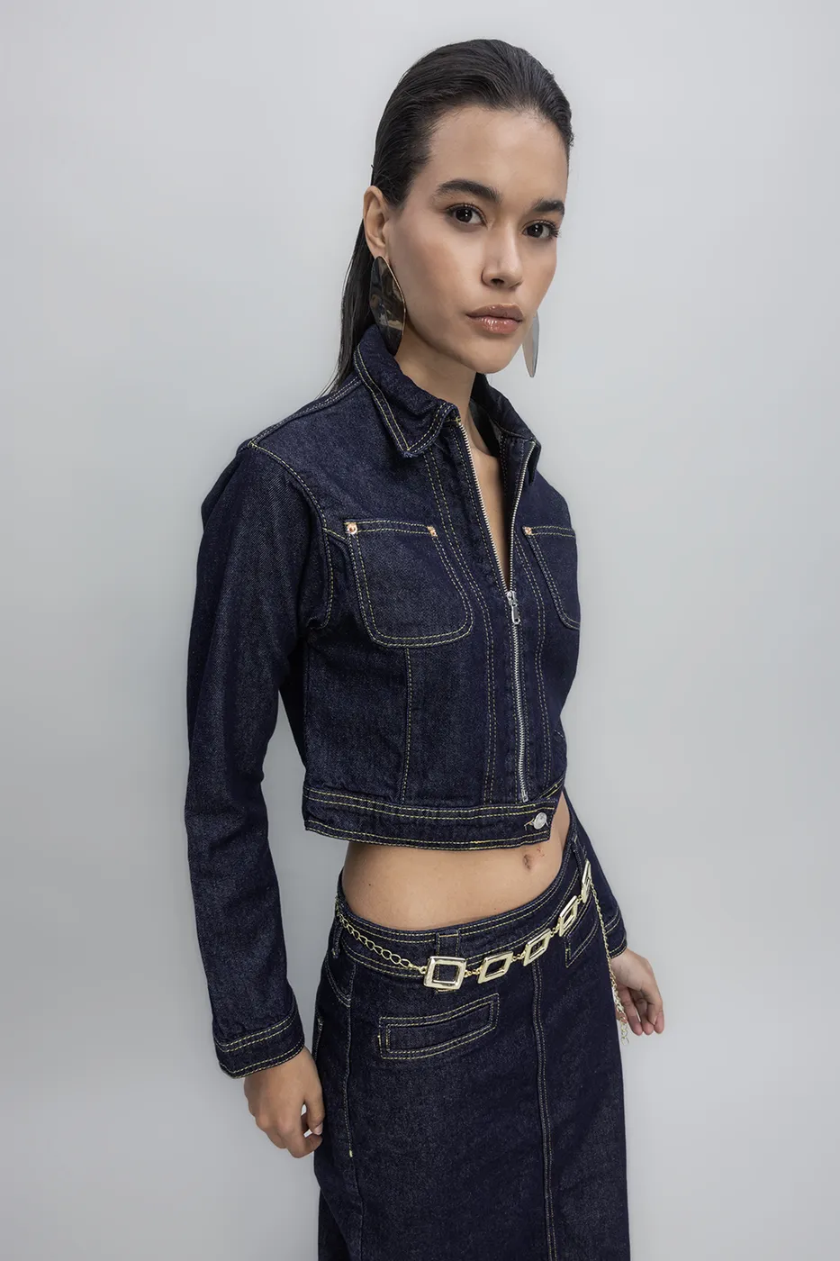 Bayan Lacivert Kontrast Dikiş Detaylı Crop Denim Mont