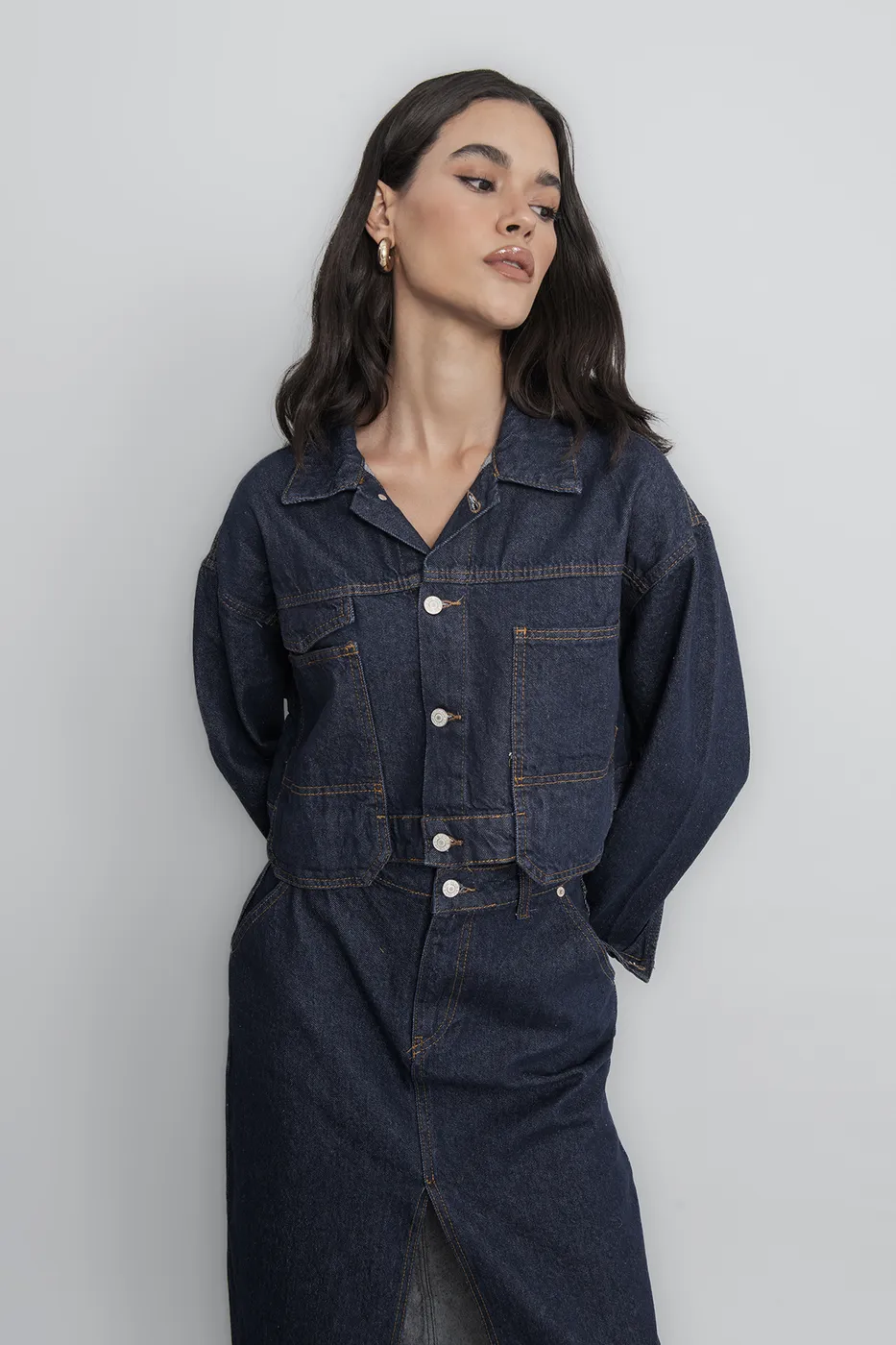 Bayan Lacivert Cep Detaylı Crop Denim Mont