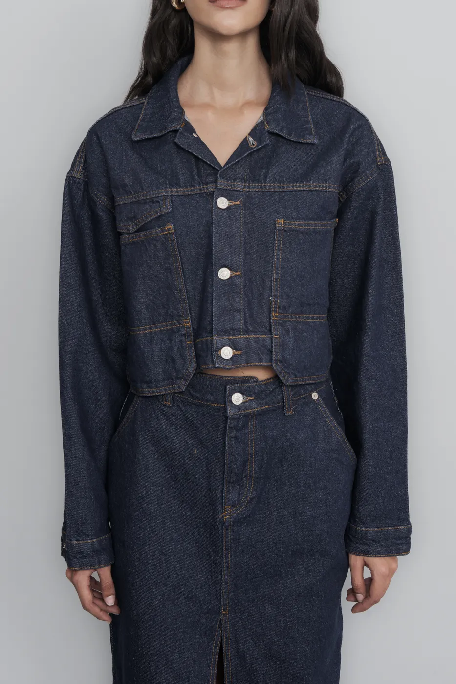 Bayan Lacivert Cep Detaylı Crop Denim Mont