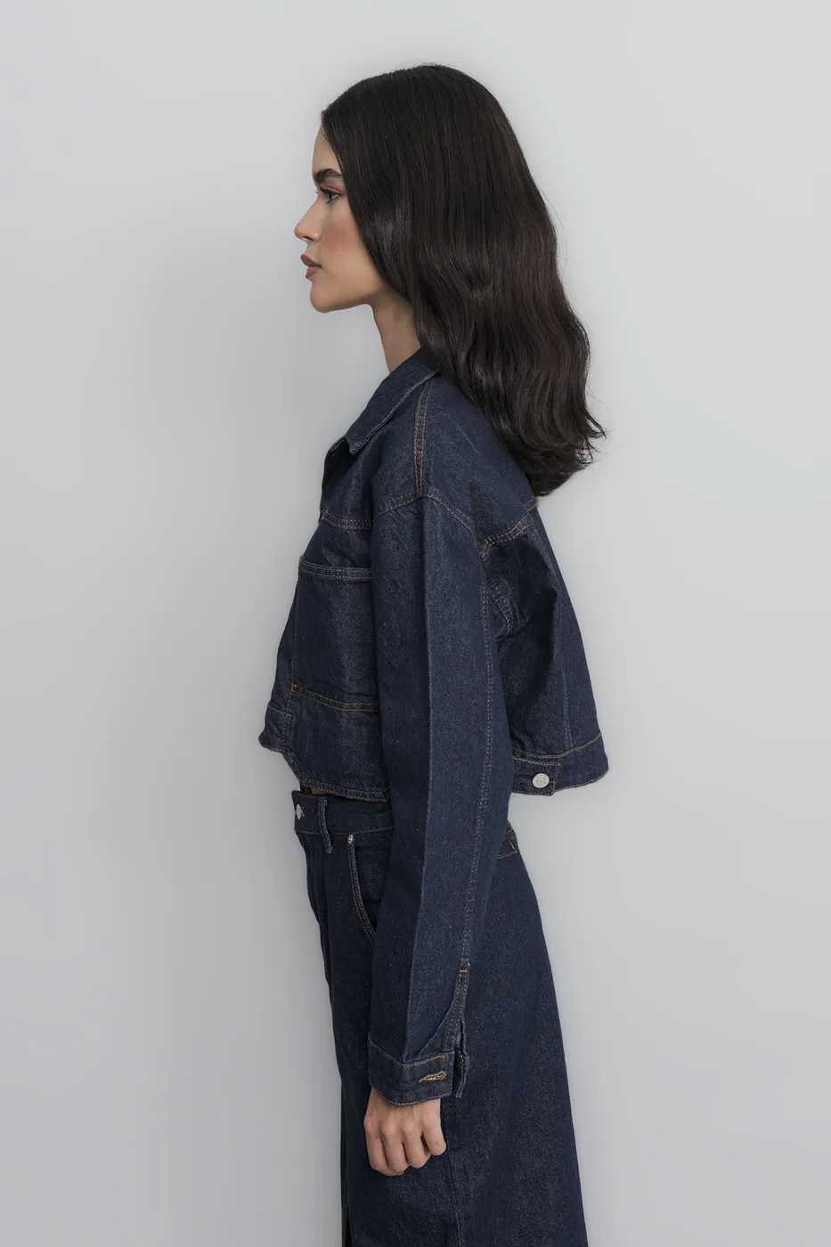Bayan Lacivert Cep Detaylı Crop Denim Mont