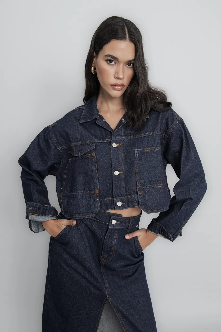 Bayan Lacivert Cep Detaylı Crop Denim Mont