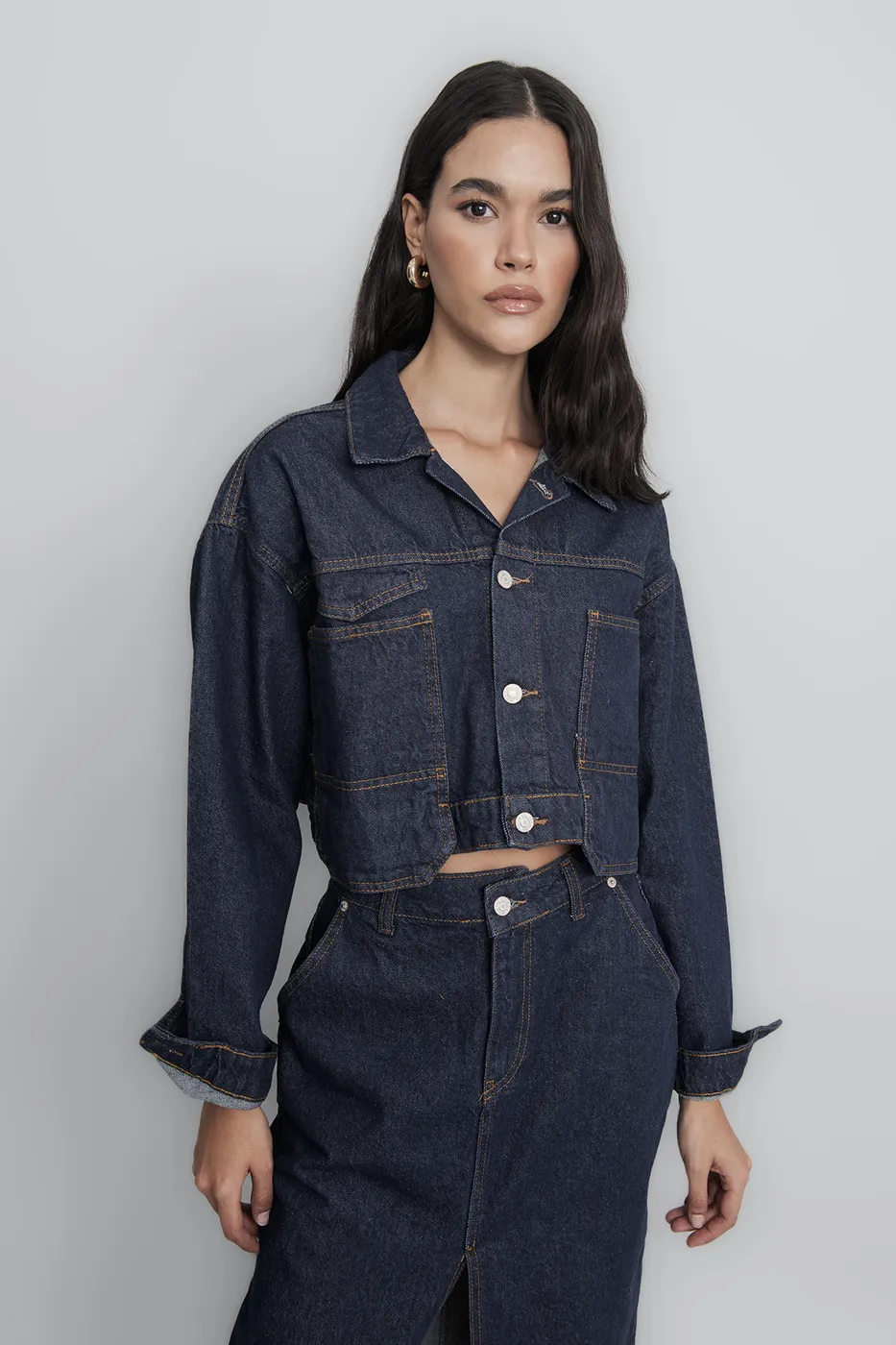 Bayan Lacivert Cep Detaylı Crop Denim Mont