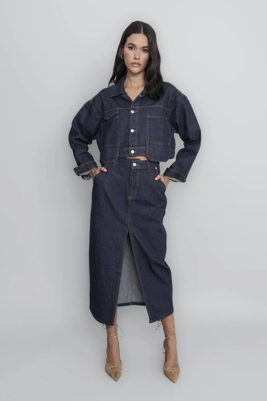Bayan  Midi Denim Kalem Etek