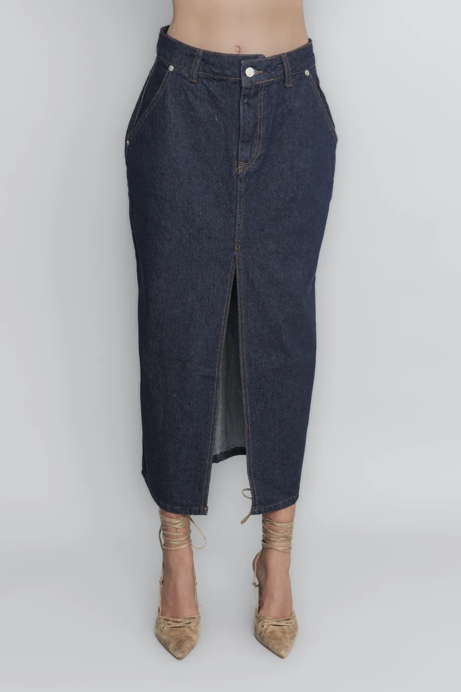 Bayan Lacivert Midi Denim Kalem Etek