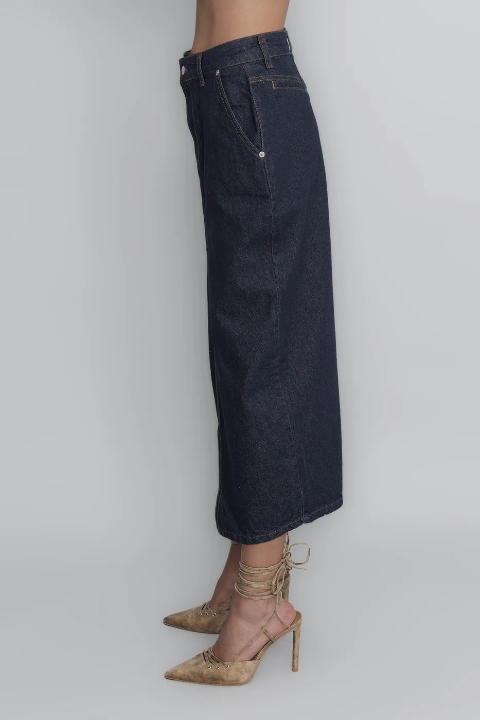 Bayan Lacivert Midi Denim Kalem Etek