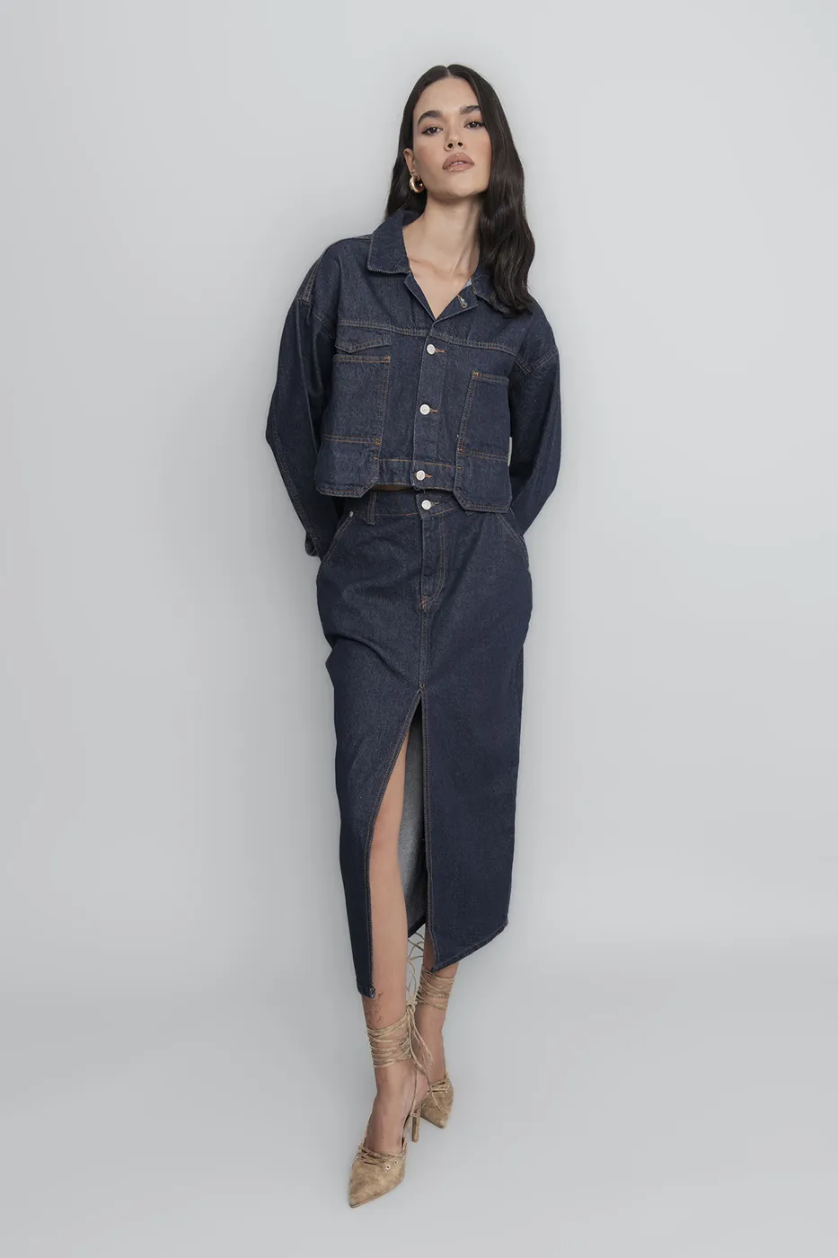 Bayan Lacivert Midi Denim Kalem Etek