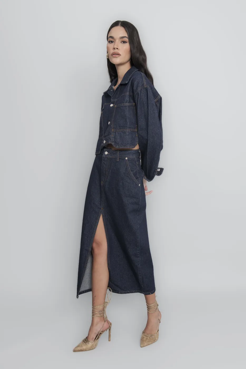 Bayan Lacivert Midi Denim Kalem Etek