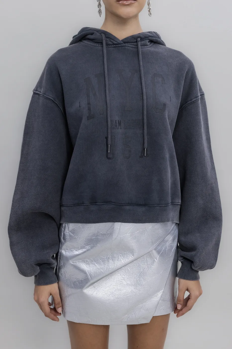Bayan Antrasit Kapüşon Baskı Detaylı Şardonlu Sweatshirt