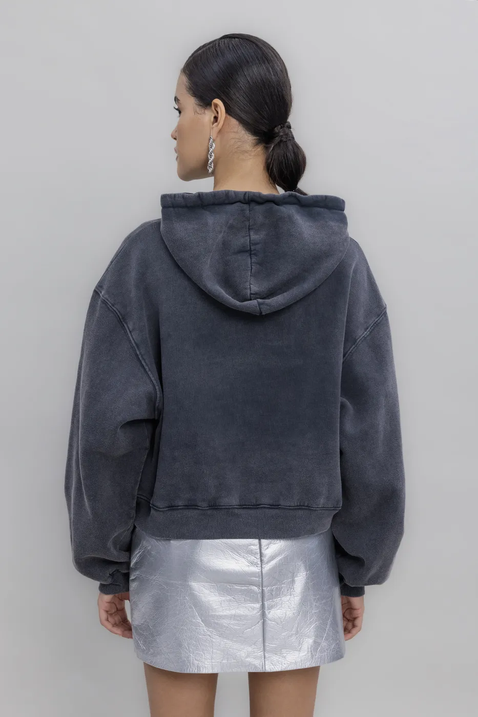 Bayan Antrasit Kapüşon Baskı Detaylı Şardonlu Sweatshirt