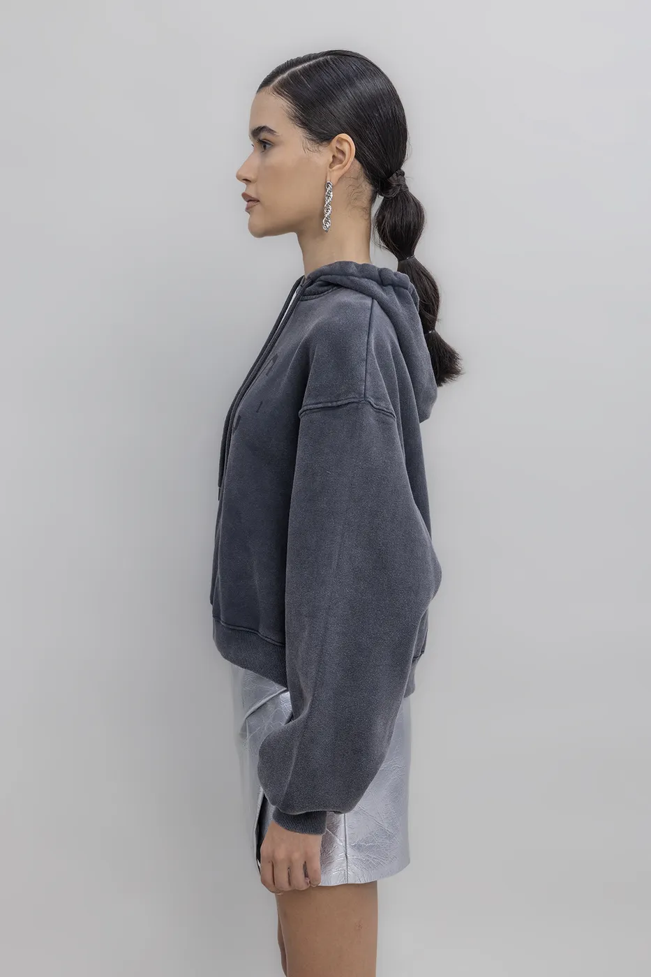 Bayan Antrasit Kapüşon Baskı Detaylı Şardonlu Sweatshirt