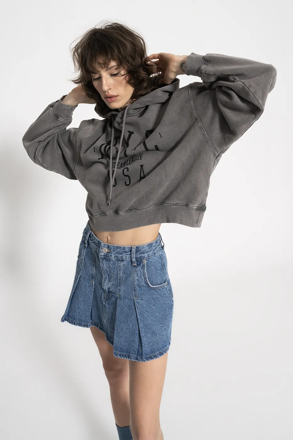 Bayan Gri Kapüşon Baskı Detaylı Şardonlu Sweatshirt