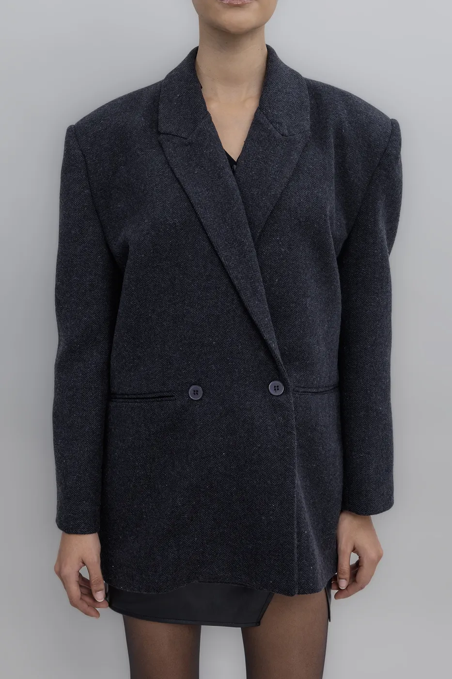 Bayan Siyah Yün Karışım Kruvaze Blazer Ceket